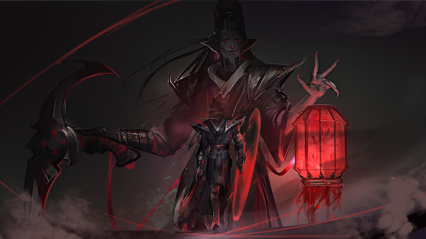 2boys alternate_costume belt black_gloves black_hair black_headwear clothing_request collarbone commentary_request draven gloves gradient gradient_background grey_background grin highres holding holding_weapon lantern league_of_legends looking_at_viewer male_focus multiple_boys pants pointy_ears red_belt scythe single_glove smile thresh_(league_of_legends) weapon wutu_(1183238220)