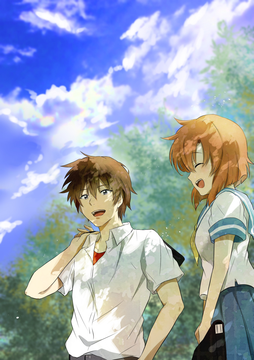 1boy 1girl arm_up bag bare_arms black_pants blue_eyes blue_sailor_collar blue_skirt blue_sky blurry blurry_background blush brown_hair closed_eyes clouds commentary dappled_sunlight eyebrows_visible_through_hair highres higurashi_no_naku_koro_ni holding holding_bag looking_at_another maebara_keiichi open_clothes open_mouth open_shirt orange_hair outdoors pants red_shirt ryuuguu_rena sailor_collar shirt short_hair short_sleeves shosudo skirt sky smile sunlight tree undershirt upper_body upper_teeth white_shirt yellow_neckwear