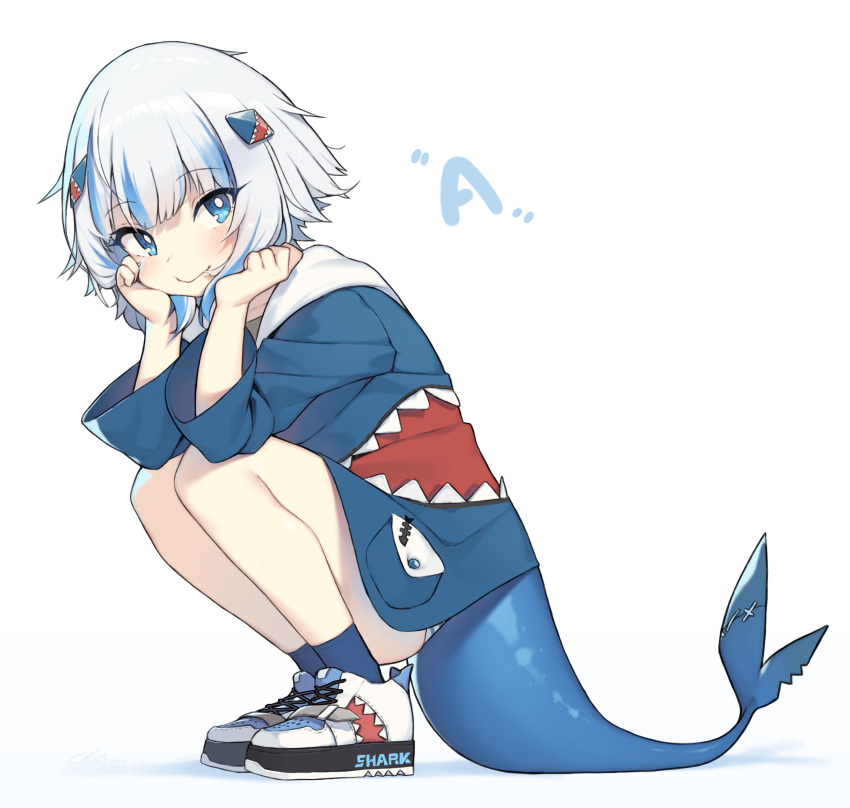 1girl blue_eyes blue_hair blush chin_rest cloba eyebrows_visible_through_hair fish_tail from_side full_body gawr_gura hair_ornament highres hololive hololive_english hood hood_down hoodie looking_at_viewer multicolored_hair shark_tail shoes short_hair simple_background smile sneakers solo squatting streaked_hair tail virtual_youtuber white_background