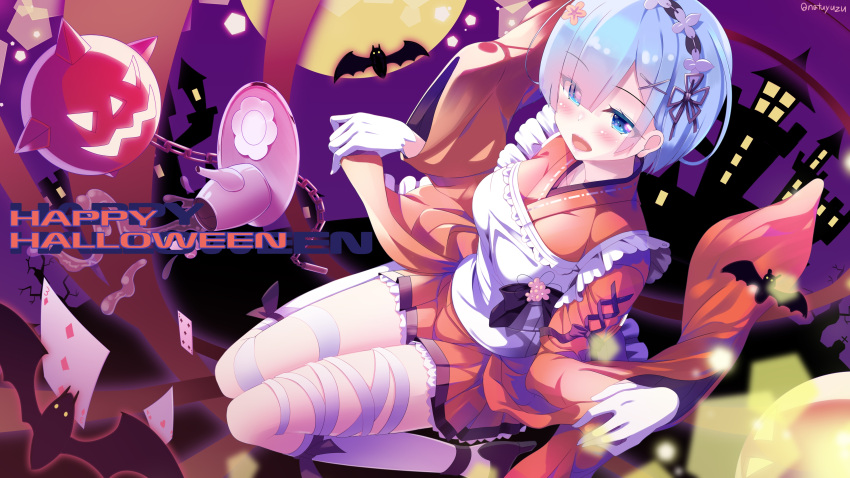 1girl :d absurdres bandages bat blue_eyes blue_hair blush breasts card castle chain eyebrows_visible_through_hair eyes_visible_through_hair flower gloves hair_flower hair_ornament hair_over_one_eye hair_ribbon halloween happy_halloween high_heels highres japanese_clothes jumping kimono kneehighs large_breasts lipstick looking_at_viewer maid maid_headdress makeup moon natsumiya_yuzu open_mouth orange_kimono playing_card purple_background purple_sky rem_(re:zero) ribbon short_hair skirt_hold smile solo teapot tray twitter_username wallpaper white_gloves white_legwear x_hair_ornament