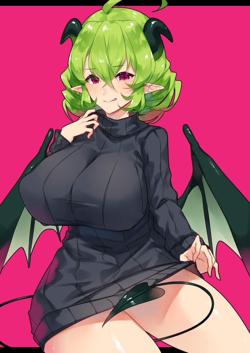 :p absurdres ahoge artist_request breasts copyright_request demon_girl demon_horns demon_tail green_hair highres horns large_breasts looking_at_viewer pointy_ears red_eyes ribbed_sweater shirt_lift succubus sweater tail tongue tongue_out