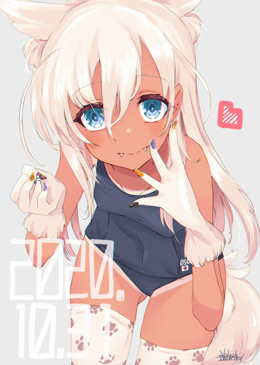 1girl alakoala animal_ears blonde_hair blue_eyes blue_swimsuit character_name commentary_request cowboy_shot dated fangs grey_background highres kantai_collection kemonomimi_mode leaning_forward long_hair nail_polish one-piece_tan paw_print ro-500_(kantai_collection) school_swimsuit simple_background solo standing swimsuit tail tan tanline thigh-highs white_legwear wolf_ears wolf_tail