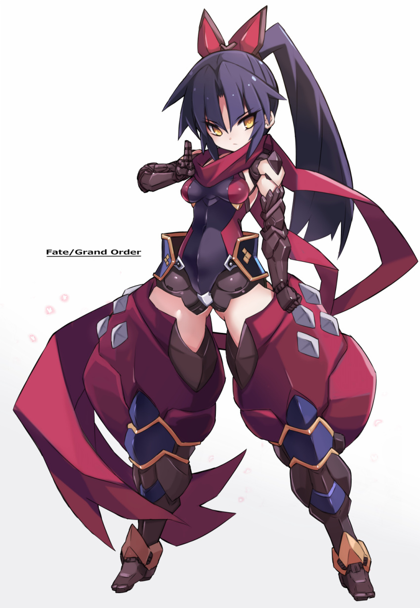 1girl black_hair breasts closed_mouth commentary_request copyright_name eyebrows_visible_through_hair fate_(series) full_body gauntlets gradient gradient_background grey_background highres karukan_(monjya) katou_danzou_(fate/grand_order) long_hair looking_to_the_side medium_breasts ponytail red_scarf scarf solo standing thighs white_background yellow_eyes
