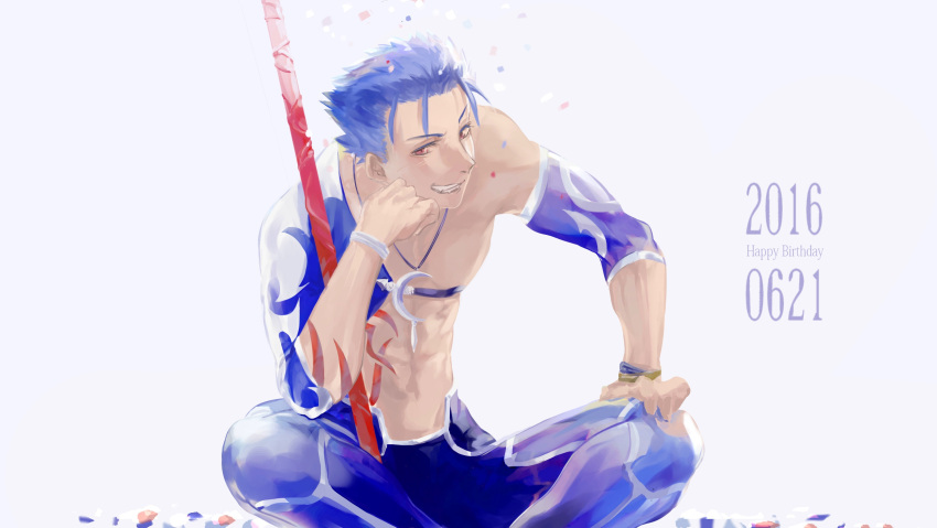 1boy abs aohiro blue_hair bodypaint bracelet confetti crescent_necklace crossed_legs cu_chulainn_(fate)_(all) dated detached_sleeves fate/grand_order fate/stay_night fate_(series) gae_bolg grin happy_birthday highres jewelry lancer looking_to_the_side male_focus necklace pants red_eyes shirtless short_hair simple_background sitting skin_tight smile solo spiky_hair strap type-moon white_background