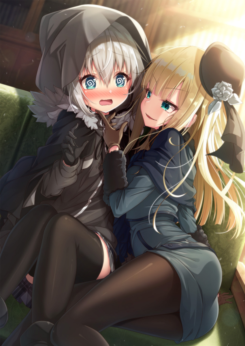 2girls @_@ aqua_eyes arm_support ass bangs black_cape black_headwear black_legwear black_skirt blonde_hair blue_capelet blue_dress blue_eyes blunt_bangs blush brown_gloves cape capelet commentary_request couch dress embarrassed eyebrows_visible_through_hair fate_(series) finger_to_another's_chin fur-trimmed_cape fur-trimmed_sleeves fur_trim gloves gray_(lord_el-melloi_ii) highres hood hood_up hooded_cape indoors knees_up long_hair lord_el-melloi_ii_case_files magic_chocolate miniskirt multiple_girls naughty_face nose_blush on_couch open_mouth pantyhose parted_lips reines_el-melloi_archisorte short_hair silver_hair skirt thigh-highs v-shaped_eyebrows wavy_mouth yuri