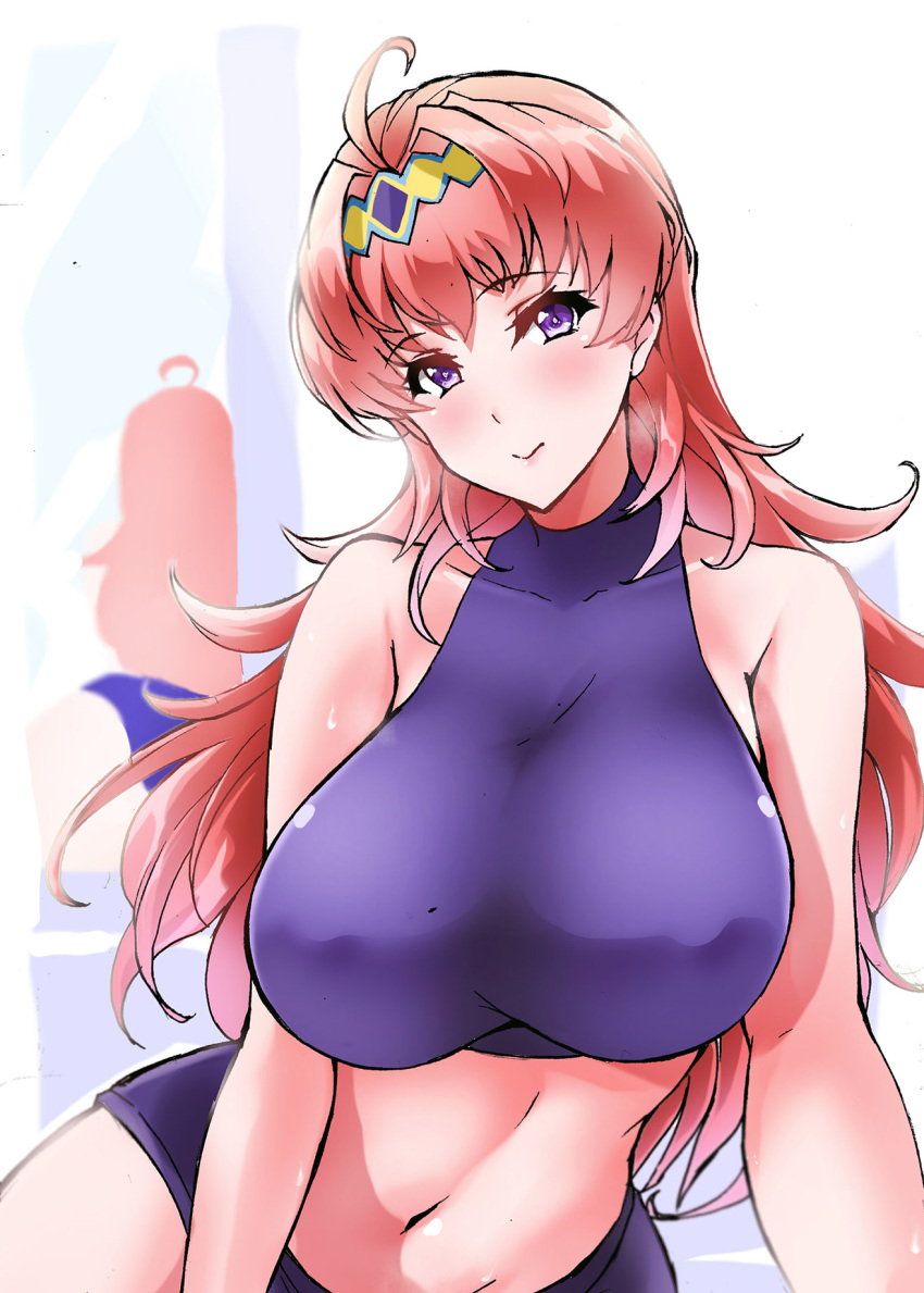 1girl bolobolo breasts charlotte_hasting cowlick highres large_breasts leaning_to_the_side long_hair looking_at_viewer mature midriff navel redhead smile solo super_robot_wars super_robot_wars_v violet_eyes