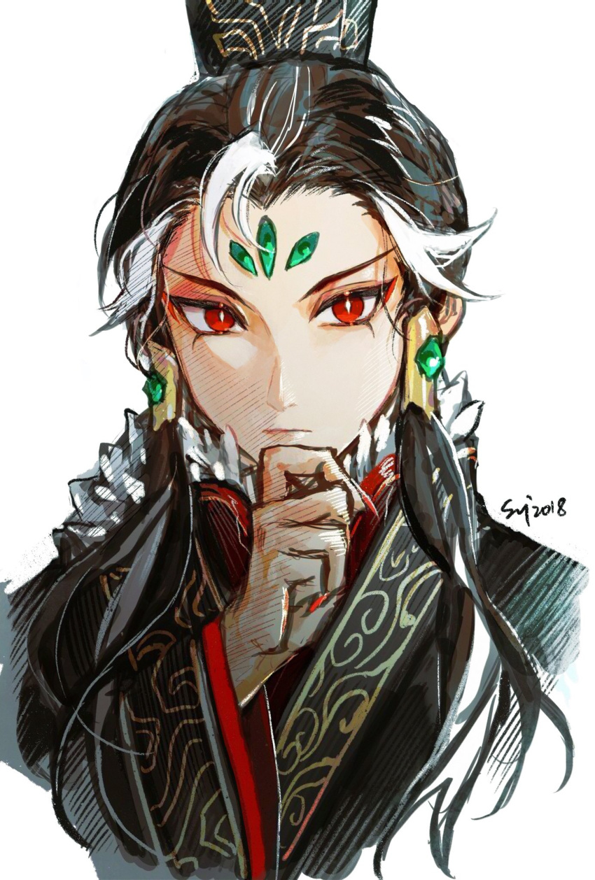 1boy black_hair eyeshadow fate/grand_order fate_(series) fingernails gem hair_ornament hand_on_own_chin highres looking_at_viewer makeup multicolored_hair portrait qin_shi_huang_(fate/grand_order) red_eyes red_nails robe sangzhujun sharp_fingernails simple_background two-tone_hair white_background white_hair