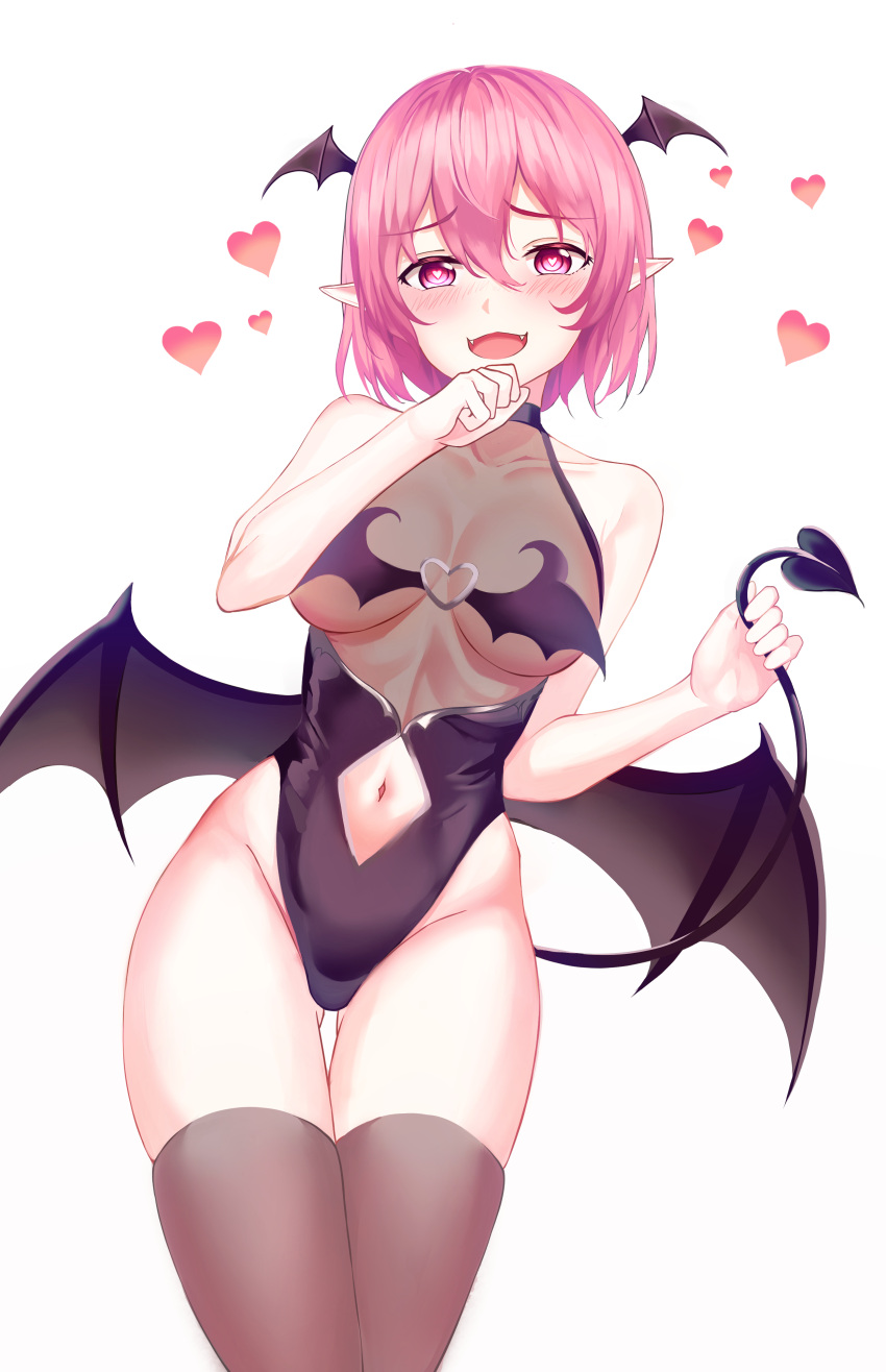 1girl :d absurdres bare_arms bare_shoulders black_leotard breasts brown_legwear clothing_cutout cowboy_shot demon_girl demon_tail demon_wings fangs groin head_wings heart heart-shaped_pupils highleg highleg_leotard highres holding_tail large_breasts leotard looking_at_viewer lucid_(maplestory) maplestory muyang naughty_face navel navel_cutout open_mouth pink_eyes pink_hair pointy_ears revealing_clothes see-through short_hair sidelocks simple_background smile solo standing succubus symbol-shaped_pupils tail thigh-highs thigh_gap thighs white_background wings