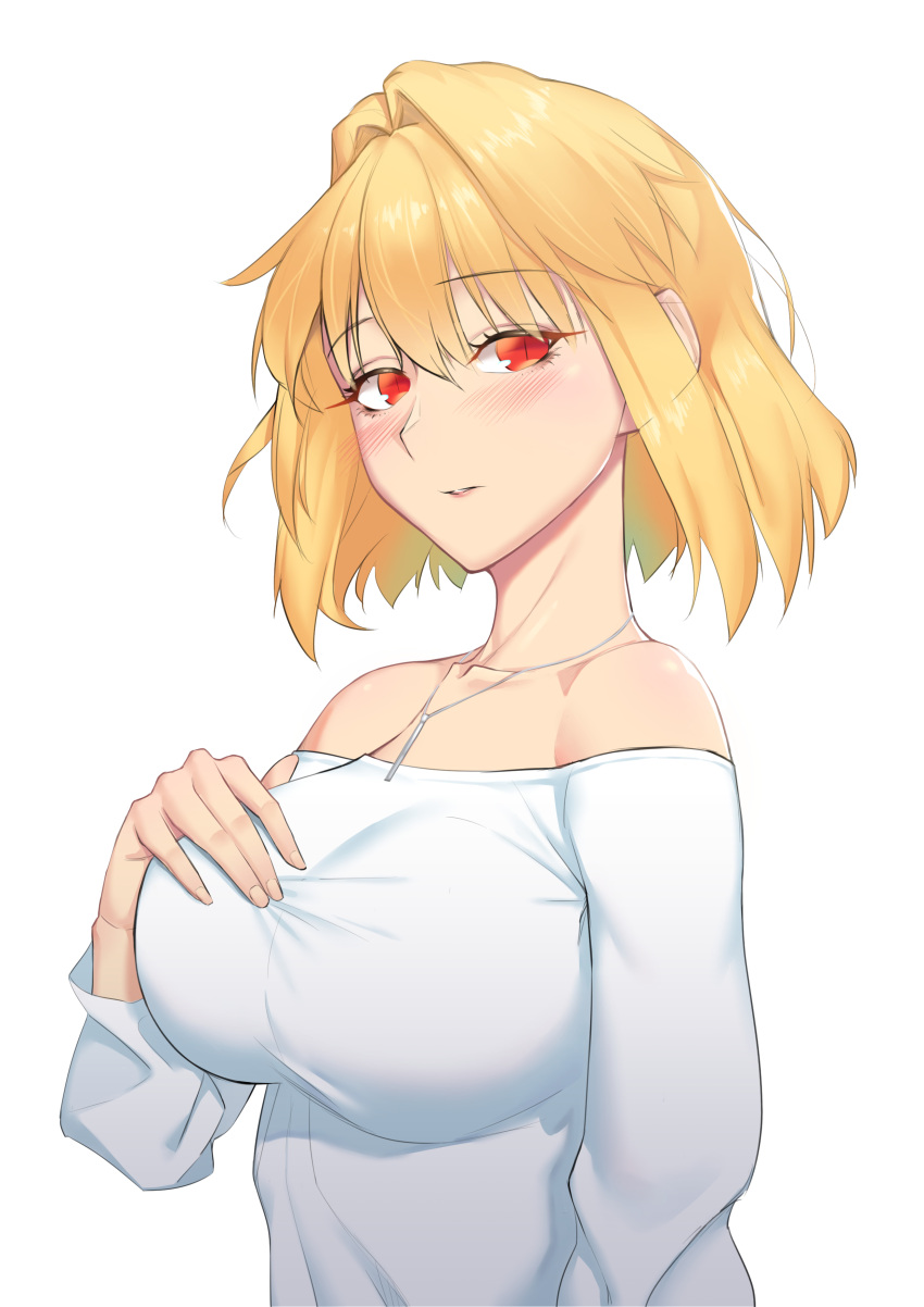 1girl absurdres arcueid_brunestud bangs bare_shoulders blonde_hair blush breasts collarbone eyebrows_visible_through_hair fingernails hair_between_eyes hair_intakes hand_on_breast hand_up highres jewelry kiji_711 looking_at_viewer medium_breasts necklace off_shoulder parted_lips red_eyes short_hair simple_background slit_pupils solo taut_clothes tsukihime upper_body