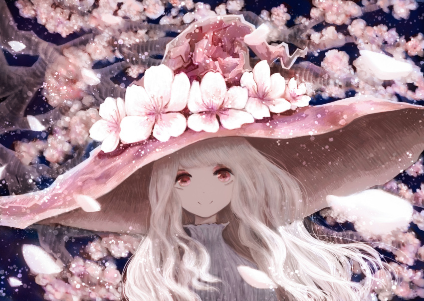 1girl blue_background cherry_blossoms commentary_request flower hat hat_flower highres isa_yuuri long_hair original petals pink_eyes pink_headwear shirt smile solo tree upper_body white_hair white_shirt wind witch witch_hat