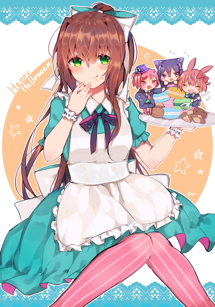 4girls :q absurdres alice_(wonderland) alice_(wonderland)_(cosplay) alternate_costume apron az_37331m bow brown_hair checkerboard_cookie cheshire_cat cheshire_cat_(cosplay) chibi cookie cosplay doki_doki_literature_club flying_sweatdrops food food_on_face fork frilled_apron frills green_eyes halloween halloween_costume highres holding holding_tray knees_together_feet_apart lace_border long_hair macaron mad_hatter mad_hatter_(cosplay) monika_(doki_doki_literature_club) multiple_girls musical_note natsuki_(doki_doki_literature_club) pink_legwear ponytail puffy_short_sleeves puffy_sleeves safe sayori_(doki_doki_literature_club) short_sleeves sitting solo_focus star_(symbol) striped striped_legwear sweat tongue tongue_out tray vertical-striped_legwear vertical_stripes white_apron white_bow wrist_cuffs yuri_(doki_doki_literature_club)