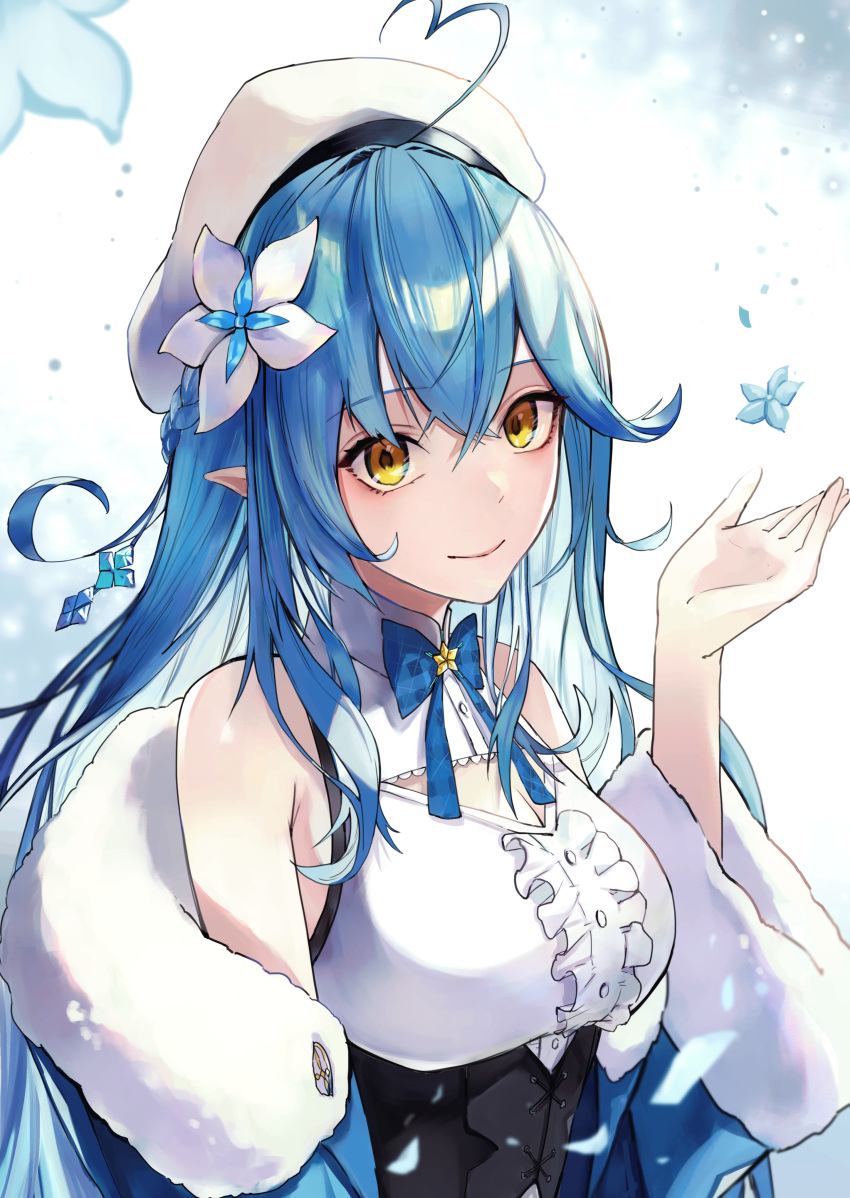 1girl absurdres ahoge bare_shoulders beret blue_hair bow bowtie breasts commentary flower hair_flower hair_ornament hat highres hololive kyara-suro long_hair looking_at_viewer medium_breasts pointy_ears smile solo upper_body virtual_youtuber yellow_eyes yukihana_lamy