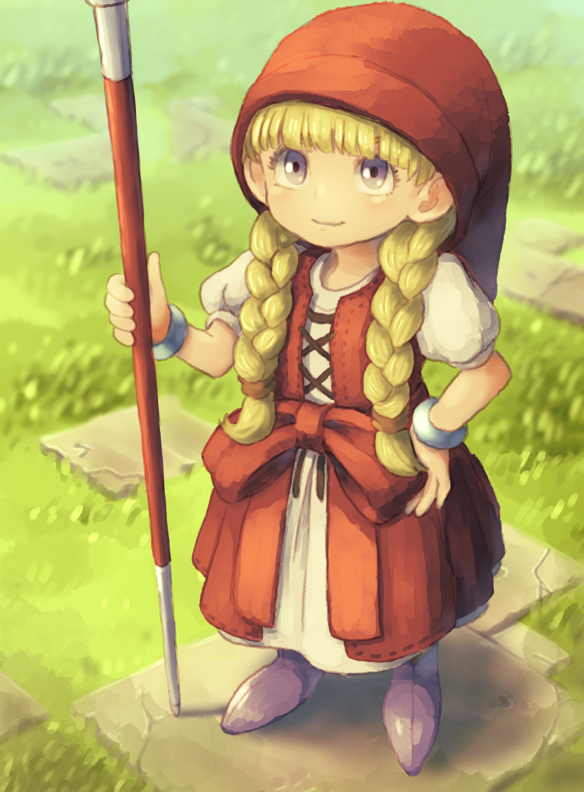 1girl absurdres bird_studio blonde_hair boots bow braid child closed_mouth dragon_quest dragon_quest_xi dress grass hat highres holding holding_staff long_hair okame_nin puffy_short_sleeves puffy_sleeves purple_footwear red_bow red_dress red_headwear short_sleeves smile solo square_enix staff standing toei_animation twin_braids veronica_(dq11) violet_eyes white_dress wristband