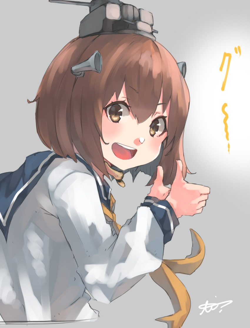 1girl brown_eyes brown_hair dress grey_background headgear headset highres kantai_collection leaning_forward looking_at_viewer neckerchief open_mouth round_teeth sailor_dress short_hair smile solo speaking_tube_headset sunday_aki symbol_commentary teeth thumbs_up upper_body upper_teeth yellow_neckwear yukikaze_(kantai_collection)