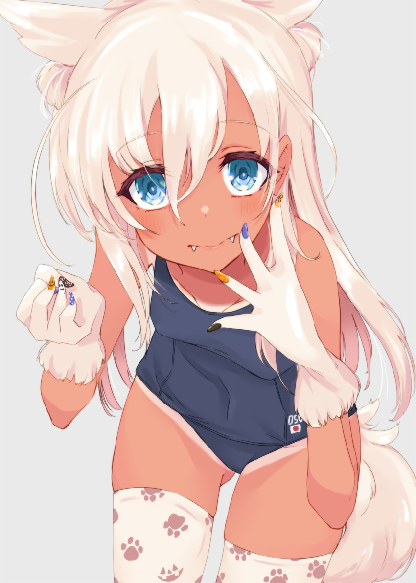 1girl alakoala animal_ears blonde_hair blue_eyes blue_swimsuit commentary_request cowboy_shot fangs grey_background highres kantai_collection kemonomimi_mode leaning_forward long_hair nail_polish one-piece_tan paw_print ro-500_(kantai_collection) school_swimsuit simple_background solo standing swimsuit tail tan tanline thigh-highs white_legwear wolf_ears wolf_tail