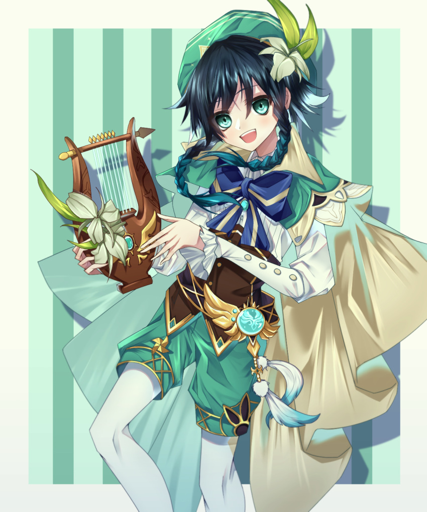 1boy bard black_hair blue_eyes blue_hair braid cape eyebrows_visible_through_hair eyes_visible_through_hair feathers flower genshin_impact gradient_hair green_headwear hat hat_flower highres long_sleeves looking_at_viewer lyre male_focus mellow_kaede multicolored_hair open_mouth otoko_no_ko shorts simple_background smile solo twin_braids venti_(genshin_impact) vision_(genshin_impact) white_flower