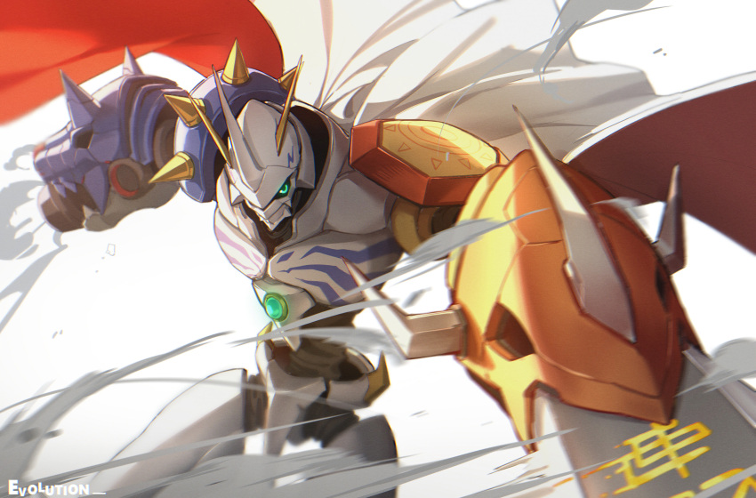 absurdres armor cape digimon gun highres horns looking_at_viewer no_humans omegamon red_cape solo spikes sword weapon white_cape yumuto_(spring1786)