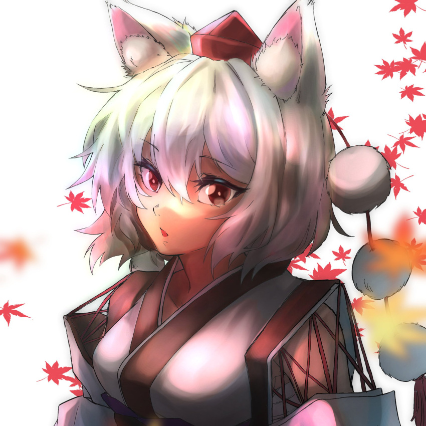 1girl animal_ear_fluff animal_ears breasts commentary_request hair_between_eyes hat highres inubashiri_momiji large_breasts leaf looking_at_another maple_leaf open_mouth red_eyes short_hair sireia_round solo tokin_hat touhou white_hair wolf_ears