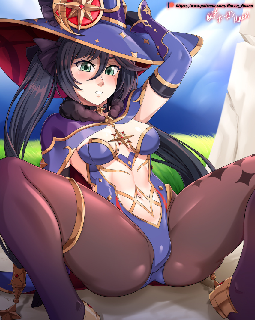 1girl absurdres arm_support artist_name ass black_hair breasts choker detached_sleeves genshin_impact hair_between_eyes hat highres leotard long_hair looking_at_viewer mona_(genshin_impact) navel outdoors pantyhose parted_lips patreon_username small_breasts solo teeth twintails vilde_loh_hocen watermark witch_hat