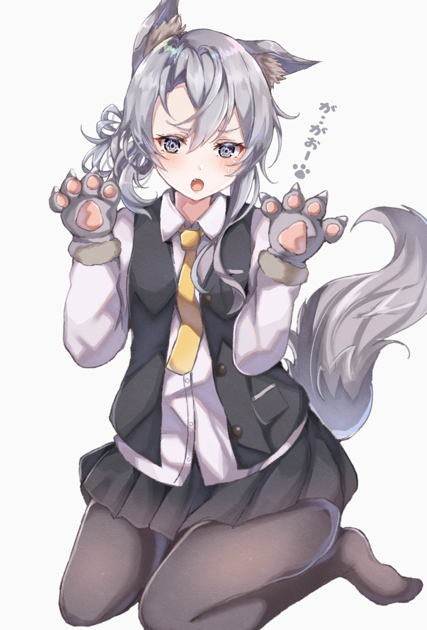 1girl adapted_costume alternate_sleeve_length animal_ears asymmetrical_hair bangs black_legwear commentary flipped_hair full_body gloves grey_eyes grey_skirt grey_vest highres kantai_collection kneeling nowaki_(kantai_collection) pantyhose paw_gloves paws pleated_skirt sa-ya2 silver_hair simple_background skirt solo swept_bangs tail vest white_background wolf_ears wolf_tail yellow_neckwear