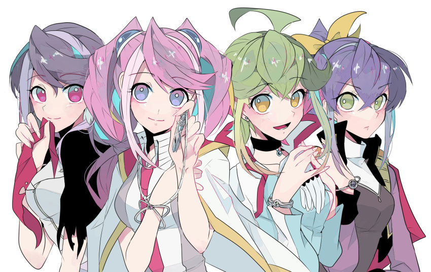 4girls bracelet bracelet_girls choker collar_up cosplay costume_switch eyebrows_visible_through_hair gradient_eyes green_hair grey_hair hair_between_eyes highres hiiragi_yuzu holding holding_jewelry holding_necklace jacket jacket_on_shoulders jewelry kurosaki_ruri looking_at_viewer multicolored multicolored_eyes multiple_girls necklace pendant pink_hair purple_hair rin_(yu-gi-oh!) rin_(yuu-gi-ou_arc-v) sakaki_yuuya_(cosplay) serena_(yu-gi-oh!) serena_(yuu-gi-ou_arc-v) tasutekete torn_clothes white_background yu-gi-oh! yu-gi-oh!_arc-v yuugo_(yu-gi-oh!)_(cosplay) yuuri_(yu-gi-oh!)_(cosplay) yuuto_(yu-gi-oh!)_(cosplay)