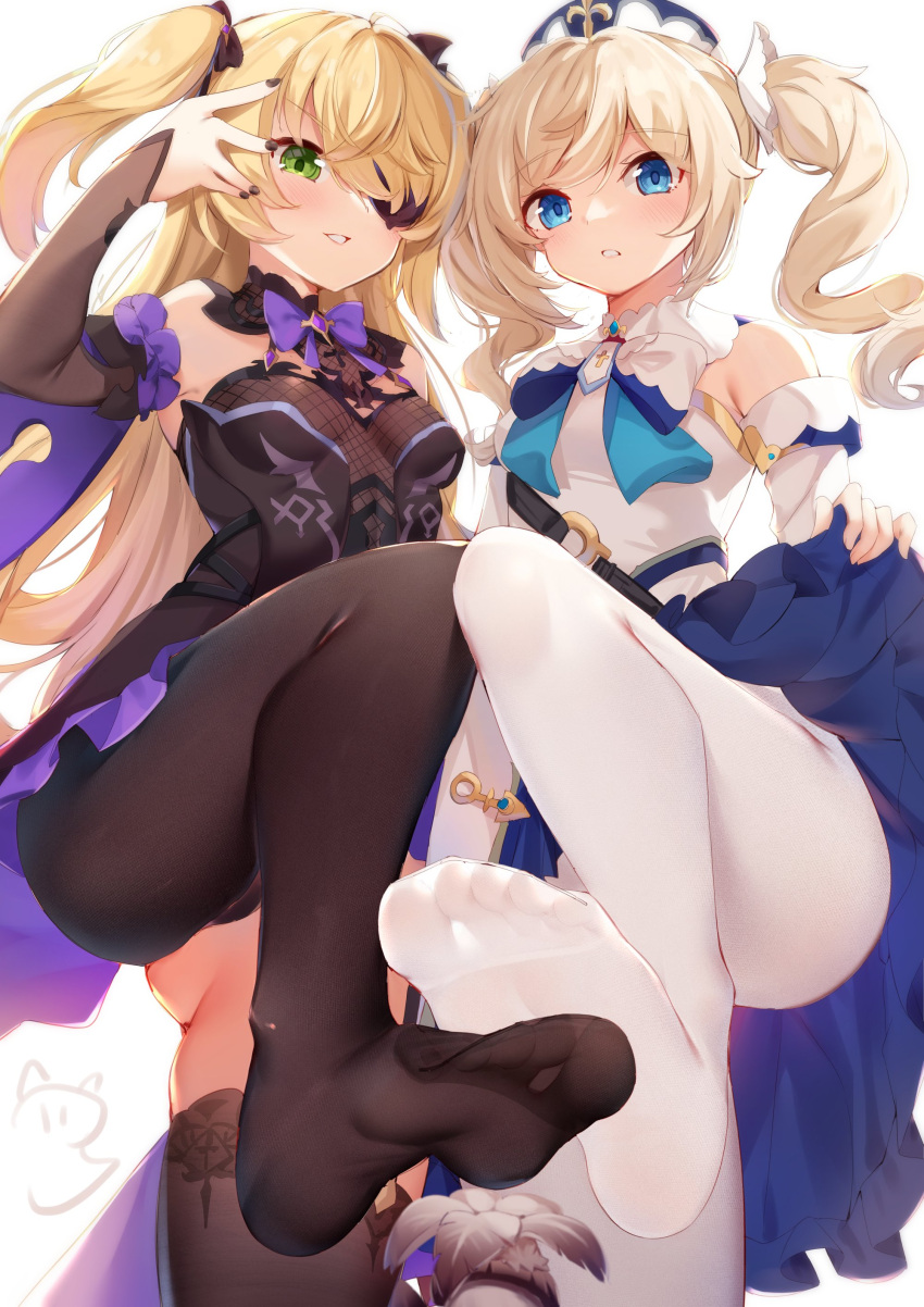 2girls absurdres bangs barbara_(genshin_impact) bare_shoulders black_legwear blonde_hair blue_eyes blush bodystocking bow breasts detached_sleeves dress drill_hair eyepatch fischl_(genshin_impact) foot_up garter_straps genshin_impact gloves green_eyes hair_ornament hair_over_one_eye hair_ribbon hat highres long_hair long_sleeves looking_at_viewer multiple_girls nahaki pantyhose ribbon single_thighhigh small_breasts smile thigh-highs twin_drills twintails two_side_up white_background white_dress white_headwear white_legwear