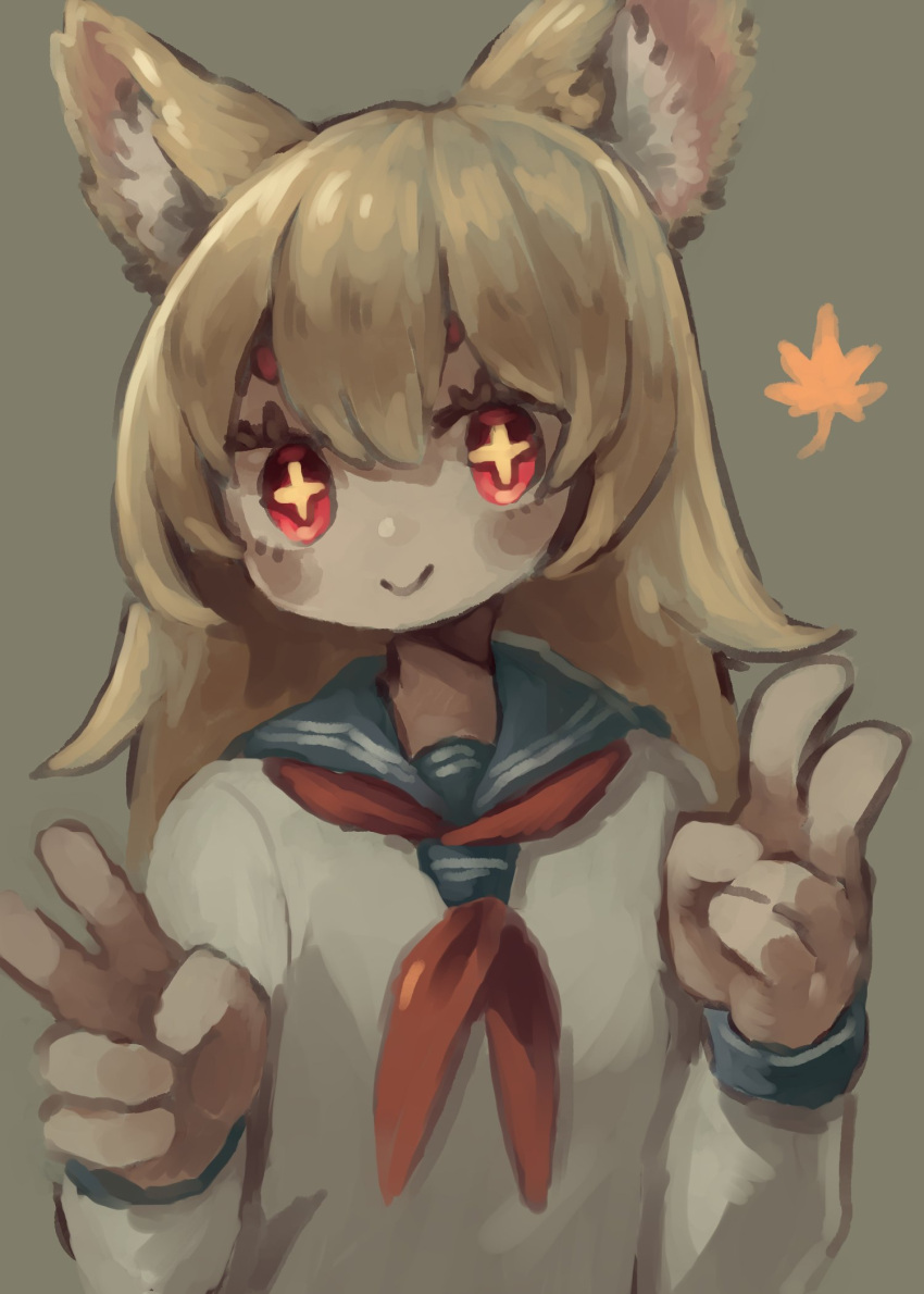 1girl :&gt; animal_ear_fluff animal_ears blonde_hair blue_sailor_collar blush_stickers closed_mouth grey_background hair_flaps hands_up highres leaf long_hair long_sleeves looking_at_viewer maple_leaf neckerchief okame_nin original red_neckwear sailor_collar school_uniform serafuku shirt simple_background smile solo v white_shirt