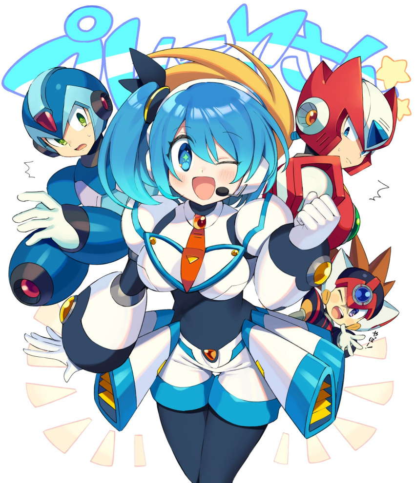 1girl 3boys android arm_cannon axl bangs blonde_hair blue_eyes blue_hair blush breasts brown_hair eyebrows_visible_through_hair green_eyes headphones helmet highres iroyopon long_hair looking_at_viewer multiple_boys open_mouth ribbon rico_(rockman) rockman rockman_x rockman_x_dive short_hair shorts side_ponytail simple_background smile spiky_hair weapon white_background x_(rockman) zero_(rockman)