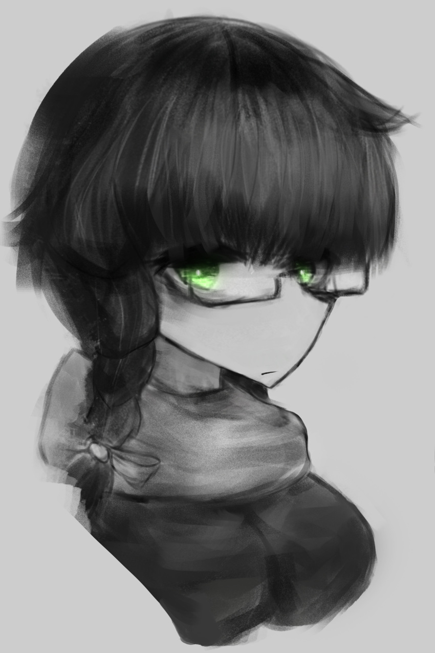 absurdres bangs braid closed_mouth glasses green_eyes greyscale highres long_hair looking_at_viewer monochrome muted_color original painting pale_color portrait rib.ajikan simple_background sketch solo upper_body