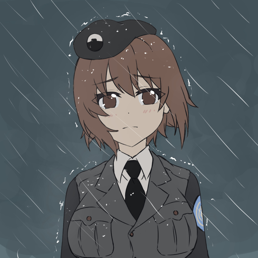 1girl alternate_costume bangs beret black_headwear black_jacket black_neckwear brown_eyes brown_hair closed_mouth clouds cloudy_sky commentary dress_shirt emblem eyebrows_visible_through_hair frown girls_und_panzer grey_sky hat highres jacket japanese_tankery_league_(emblem) kimi_tsuru long_sleeves looking_at_viewer military military_hat military_uniform necktie nishizumi_maho outdoors overcast rain sad selection_university_(emblem) selection_university_military_uniform shirt short_hair sky solo uniform upper_body white_shirt