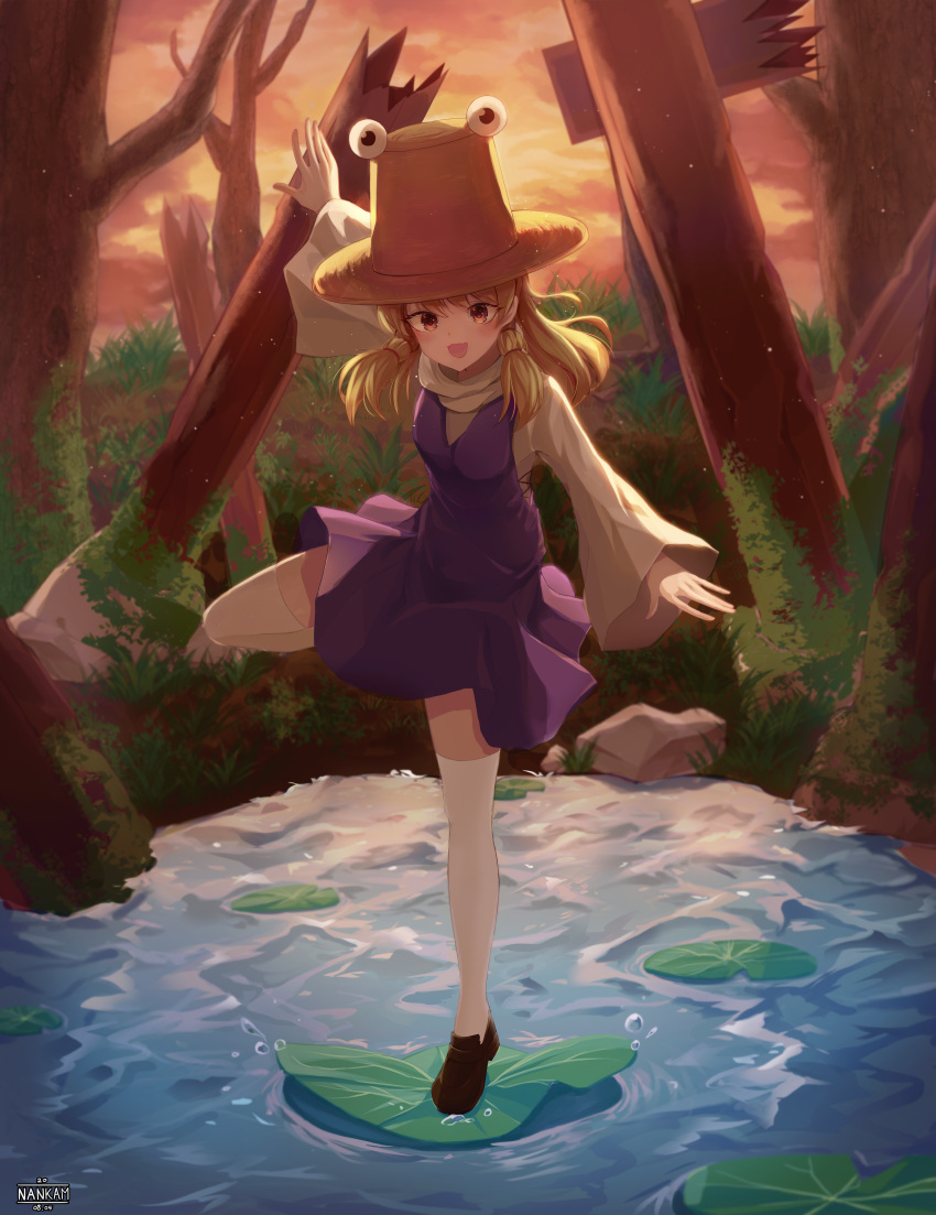 1girl :d absurdres artist_name bangs bare_tree blonde_hair blush breasts brown_footwear dress grass hair_ribbon hat highres huge_filesize leg_up long_hair long_sleeves looking_at_viewer medium_breasts moriya_suwako nankam nature open_mouth outdoors purple_dress ribbon rock shoes sleeveless sleeveless_dress smile solo standing standing_on_one_leg thigh-highs touhou tree water wide_sleeves zettai_ryouiki