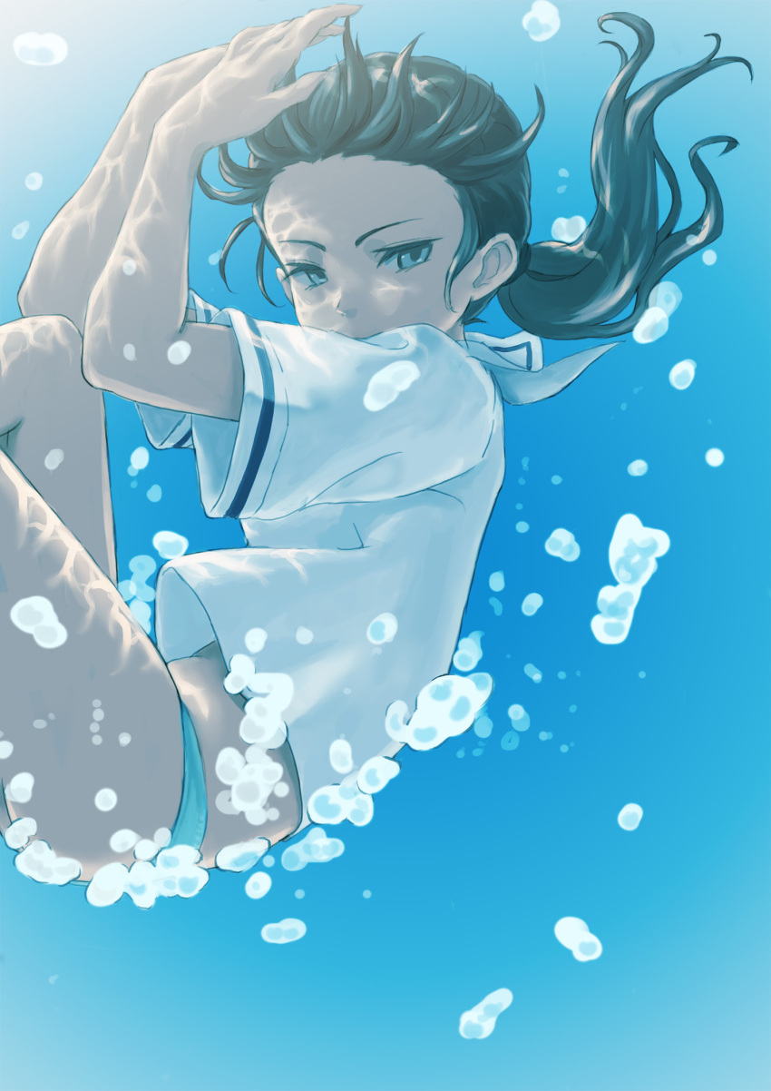 1girl air_bubble arms_up black_hair blouse bubble commentary_request english_commentary hair_tie half-closed_eyes highres knees_up kuroneko_douji long_hair looking_at_viewer no_pants original panties ponytail school_uniform serafuku short_sleeves solo submerged underwater underwear water white_blouse white_panties