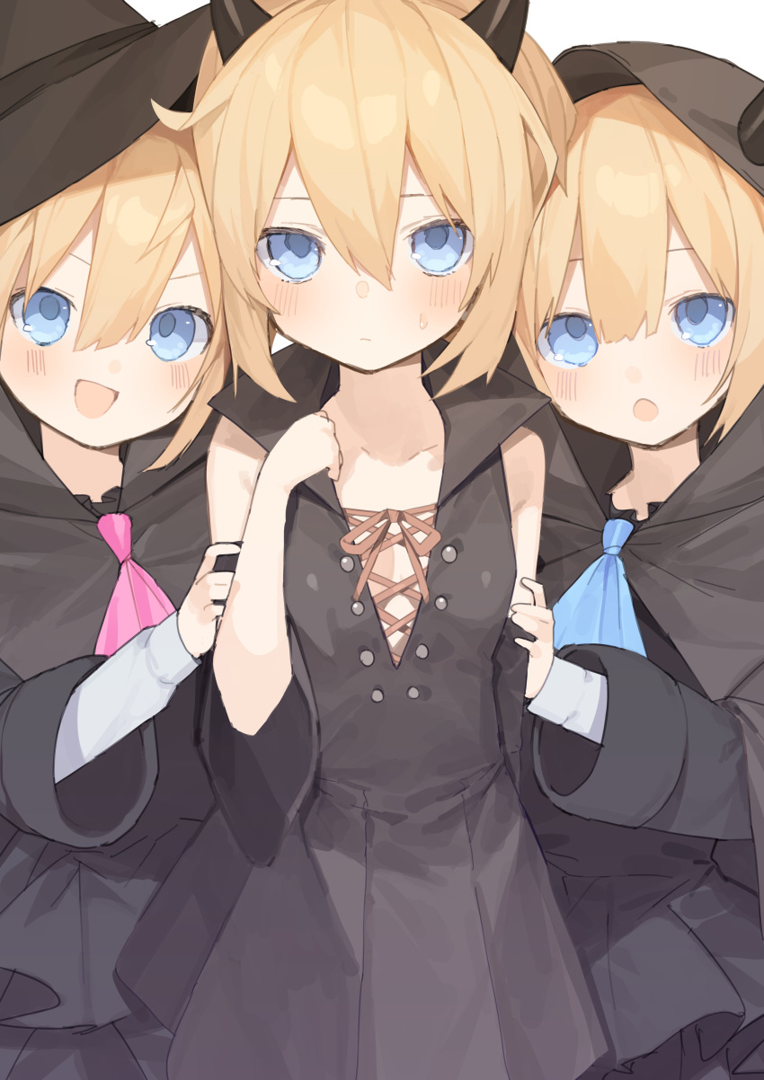 3girls :d :o absurdres alternate_costume animal_ears black_dress blanc blonde_hair blue_neckwear buran_buta closed_mouth detached_sleeves dress fake_animal_ears hair_between_eyes halloween halloween_costume hand_on_another's_arm hand_up hat headwear highres hood hood_up long_sleeves looking_at_viewer multiple_girls necktie neptune_(series) open_mouth ram_(neptune_series) rom_(neptune_series) short_hair simple_background smile white_background