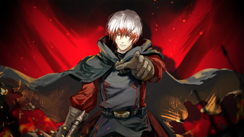 1boy achyue belt brown_gloves burnt burnt_clothes cape embers eyebrows_visible_through_hair ezel_the_king_of_fire_and_iron fire gloves grey_cape highres holding holding_sword holding_weapon male_focus multicolored multicolored_hair parted_lips pixiv_fantasia pixiv_fantasia_last_saga pointing pointing_at_viewer red_eyes redhead solo sword weapon white_hair