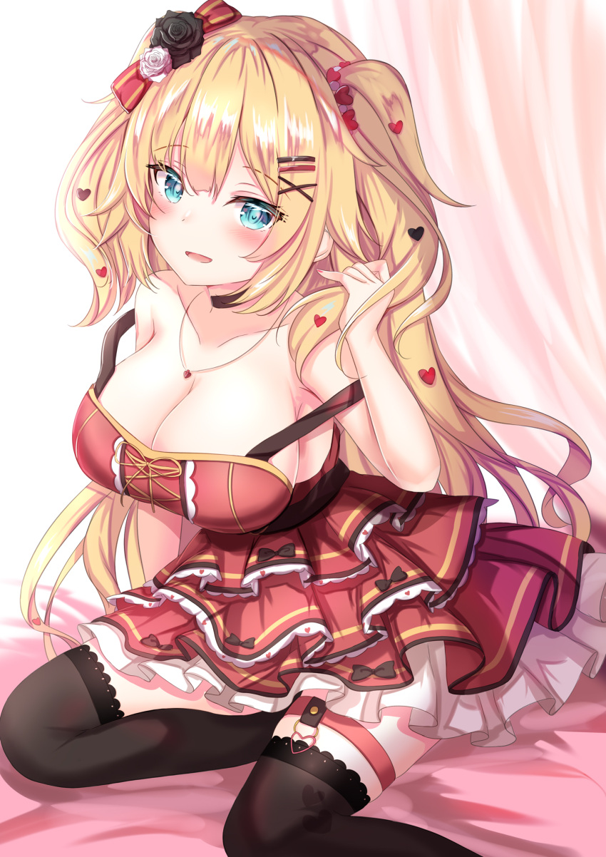 1girl akai_haato bangs blonde_hair blue_eyes blush bow breasts choker dress eyebrows_visible_through_hair garter_straps hair_bow hair_ornament hairclip heart heart_hair_ornament highres hololive jewelry large_breasts long_hair looking_at_viewer necklace off_shoulder open_mouth smile solo thigh-highs thigh_strap two_side_up virtual_youtuber x_hair_ornament yuano