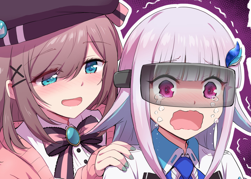 2girls :d aqua_eyes beret blue_hair blue_neckwear blush bow bowtie breasts brown_hair cardigan crying crying_with_eyes_open eyebrows_visible_through_hair hair_ornament hand_on_another's_shoulder hat head_mounted_display highres holding jacket lize_helesta long_hair marugoshi_(54burger) multicolored_hair multiple_girls nail_polish nijisanji nose_blush open_mouth pink_cardigan shirt smile suzuhara_lulu tears upper_body violet_eyes virtual_youtuber wavy_mouth white_hair white_jacket white_shirt wing_collar