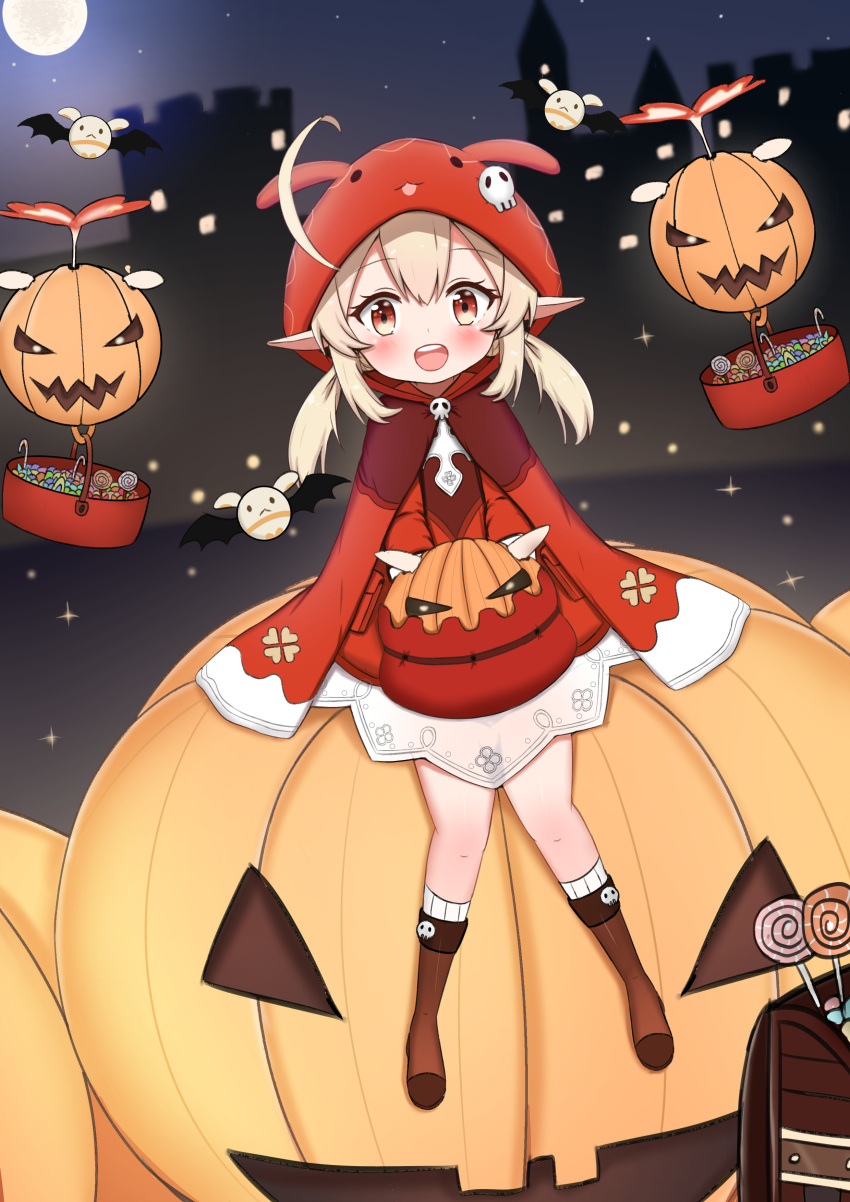 1girl :d absurdres ahoge animal_ears animal_hood backpack bag bangs blush boots brown_footwear candy cape commentary_request dress eyebrows_visible_through_hair fake_animal_ears food full_moon genshin_impact hair_between_eyes highres hood hood_up hooded_cape jack-o'-lantern jiu_(sdesd3205) klee_(genshin_impact) light_brown_hair lollipop long_hair looking_at_viewer low_twintails moon open_mouth pointy_ears red_cape red_dress red_eyes ribbed_legwear sitting smile socks solo swirl_lollipop twintails upper_teeth white_legwear