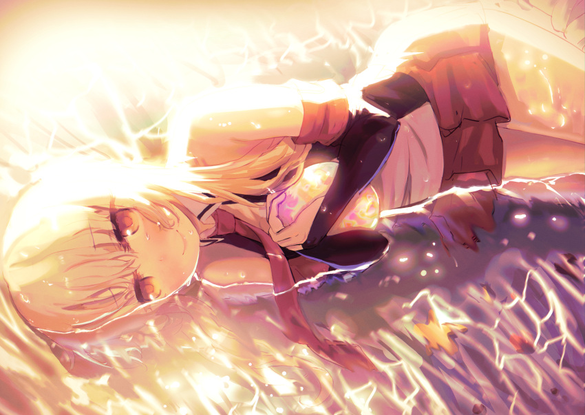 1girl azur_lane bangs bare_shoulders blonde_hair eyebrows_visible_through_hair fingerless_gloves gloves happy highres holding juneau_(azur_lane) legs_together long_hair looking_at_viewer lying misago_(525) necktie on_side red_eyes red_neckwear shorts smile solo thighs water wet