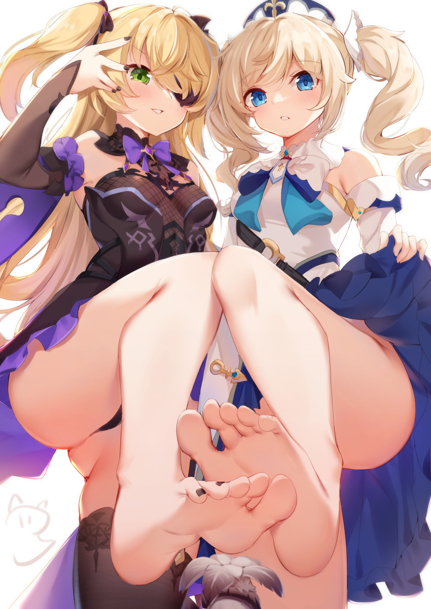 2girls absurdres bangs barbara_(genshin_impact) bare_shoulders black_legwear blonde_hair blue_eyes blush bodystocking bow breasts detached_sleeves dress drill_hair eyepatch fischl_(genshin_impact) foot_up garter_straps genshin_impact gloves green_eyes hair_ornament hair_over_one_eye hair_ribbon hat highres long_hair long_sleeves looking_at_viewer multiple_girls mushroom nahaki ribbon small_breasts smile twin_drills twintails two_side_up white_background white_dress white_headwear