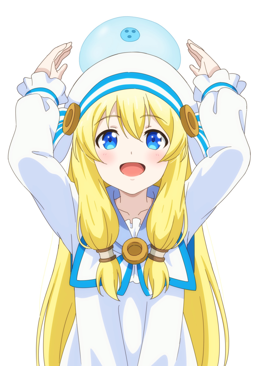 1girl :d arms_up bangs beret blonde_hair blue_eyes blush collarbone collared_dress commentary_request copyright_request dbmaster dress eyebrows_visible_through_hair hair_between_eyes hat highres long_hair long_sleeves open_mouth simple_background slime smile solo very_long_hair white_background white_dress white_headwear