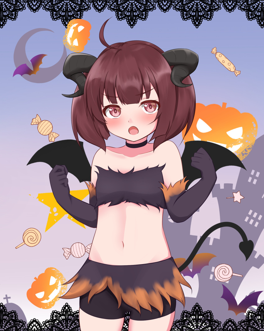 1girl :o ahoge animal_print bandeau bangs bat_print bat_wings black_choker black_gloves black_horns black_shorts blush brown_eyes brown_hair candy castle choker collarbone commentary_request cowboy_shot curled_horns demon_tail demon_wings flat_chest food fur_trim gloves halloween hands_up highres horns jigurii lollipop looking_at_viewer midriff navel open_mouth shorts solo stomach tail touhoku_kiritan voiceroid wings