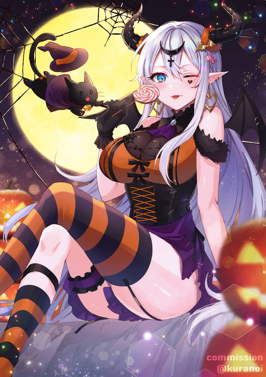 1girl :p arm_support artist_name bat_wings black_cat black_gloves black_legwear blue_eyes blurry breasts candy cat commission crescent crescent_hair_ornament cross-laced_clothes crossed_legs demon_horns depth_of_field ear_piercing earrings facial_tattoo food garter_straps gloves gold_earrings hair_between_eyes hair_ornament halloween halloween_costume hat heart heart_earrings highres holding holding_candy holding_food holding_lollipop horns jack-o'-lantern jewelry kura_noi lens_flare lollipop long_hair looking_at_viewer mixed-language_commentary moon moonlight multicolored multicolored_clothes multicolored_legwear night orange_legwear original piercing pointy_ears shiny shiny_skin silk single_sock single_thighhigh skeb_commission sleeveless socks solo spider_web star_(symbol) star_hair_ornament striped striped_legwear swirl_lollipop tattoo thick_thighs thigh-highs thighs tongue tongue_out very_long_hair white_hair wings witch_hat