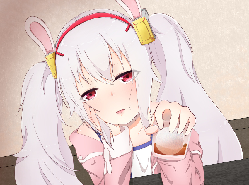 1girl absurdres alcohol animal_ears artist_request azur_lane bangs camisole cup eyebrows_visible_through_hair fake_animal_ears hairband head_on_hand highres holding holding_cup iceball jacket laffey_(azur_lane) long_hair looking_at_viewer pink_jacket rabbit_ears red_eyes solo table twintails upper_body white_camisole white_hair