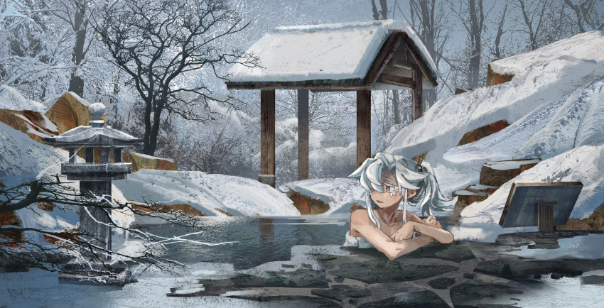 1girl ari_(shichigatsu) bare_tree crossed_arms day forest grey_sky highres nature onsen original outdoors parted_lips ponytail red_eyes scenery shichigatsu shrine snow solo stone_lantern tree white_hair