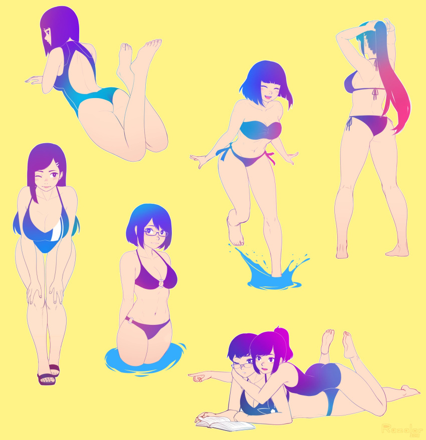 6+girls :d ass backless_swimsuit barefoot bikini bob_cut book breasts closed_mouth commentary dated english_commentary gradient_hair hair_ornament hairclip highres large_breasts leaning_forward long_hair lying multicolored_hair multiple_girls o-ring o-ring_bikini on_person on_stomach one-piece_swimsuit one_eye_closed open_book open_mouth original parted_lips ponytail razalor short_hair side-tie_bikini signature simple_background smile standing standing_on_one_leg swimsuit the_pose wading yellow_background