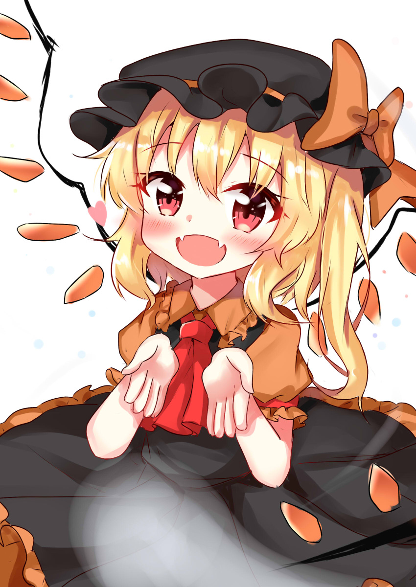 1girl absurdres alternate_costume ascot bangs begging black_dress black_headwear blonde_hair bow collared_shirt dress eyebrows_visible_through_hair fangs flandre_scarlet frilled_dress frills halloween halloween_costume hanen_(borry) hat hat_bow hat_ribbon heart highres medium_hair mob_cap open_mouth orange_bow orange_ribbon orange_shirt puffy_short_sleeves puffy_sleeves red_eyes red_neckwear ribbon shirt short_sleeves side_ponytail simple_background solo touhou white_background wings