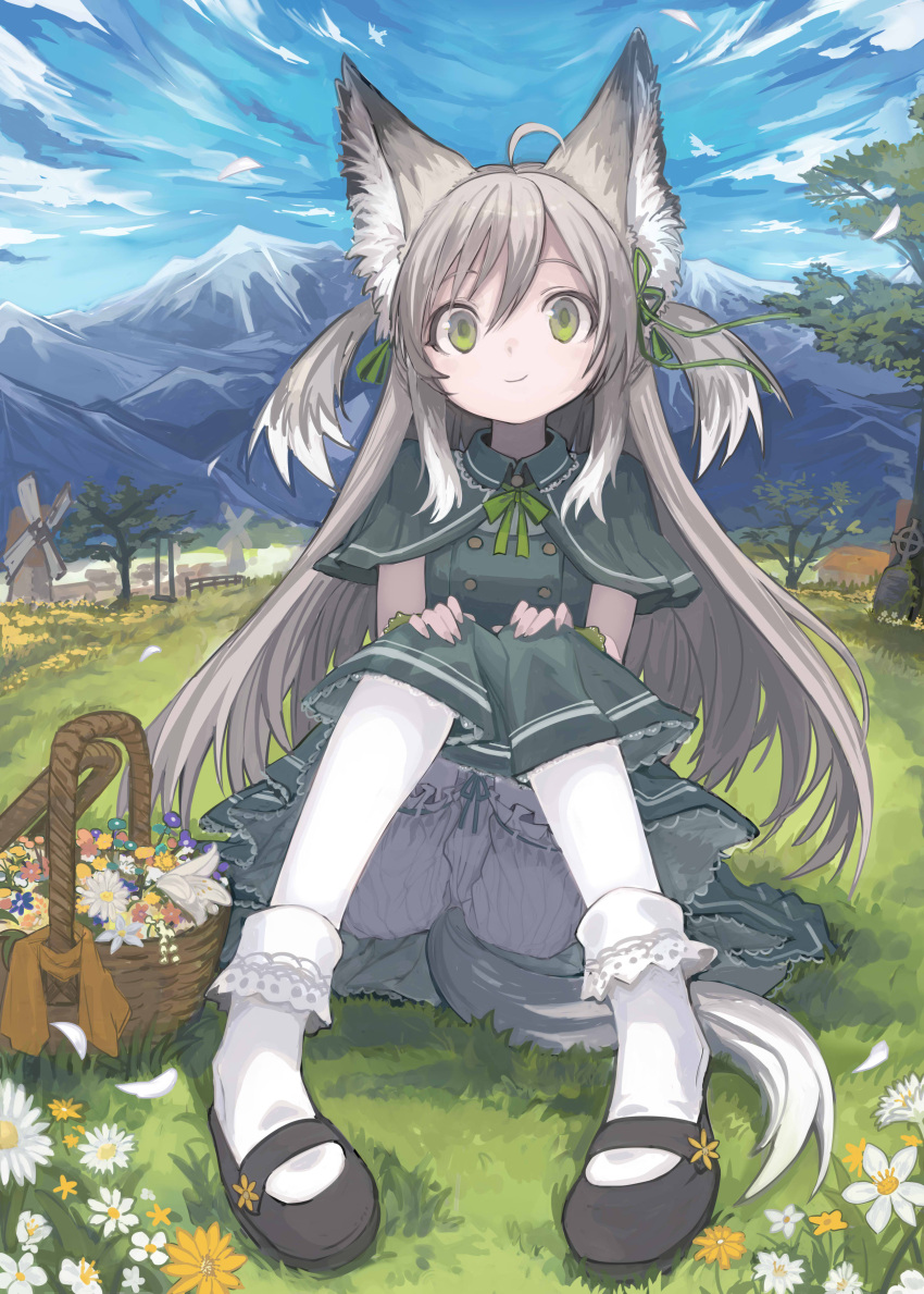 1girl absurdres ahoge animal_ear_fluff animal_ears black_footwear bloomers blue_sky buttons capelet closed_mouth clouds daisy day double-breasted dress field flower foreshortening fox_ears fox_girl fox_tail frilled_dress frills full_body grass green_capelet green_dress green_ribbon hair_between_eyes hair_ribbon hands_on_own_knees highres izayoi_cha knees_together_feet_apart knees_up landscape long_hair looking_at_viewer mountain nature neck_ribbon original outdoors pantyhose raised_eyebrows ribbon shoes sidelocks sitting sky smile socks solo tail tree two_side_up underwear variant_set white_bloomers white_flower white_pantyhose white_socks wicker_basket windmill