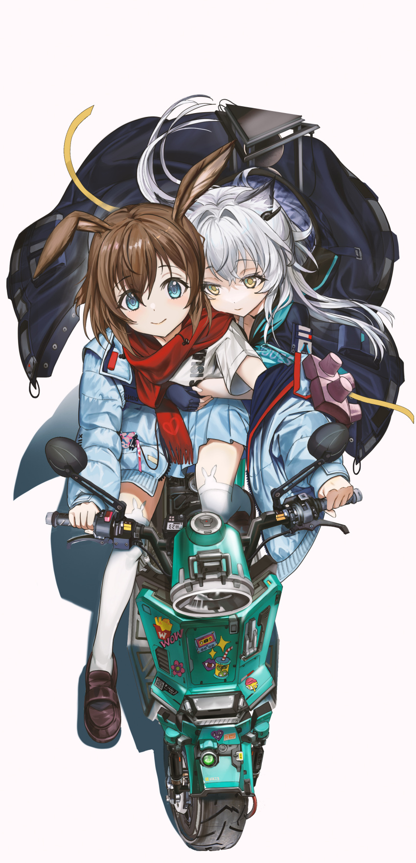 2girls absurdres amiya_(arknights) amiya_(fresh_fastener)_(arknights) animal_ears arknights bangs blue_eyes blush brown_hair cat_ears cat_girl cloak closed_mouth commentary_request earpiece eyebrows_visible_through_hair fingerless_gloves gloves green_eyes ground_vehicle highres hood hood_down hooded_cloak hug hug_from_behind jacket loafers long_hair miniskirt motor_vehicle motorcycle multiple_girls official_alternate_costume rabbit_ears rabbit_girl red_scarf rhodes_island_logo riding rosmontis_(arknights) scarf shoes silver_hair simple_background skirt thigh-highs veerinly white_background