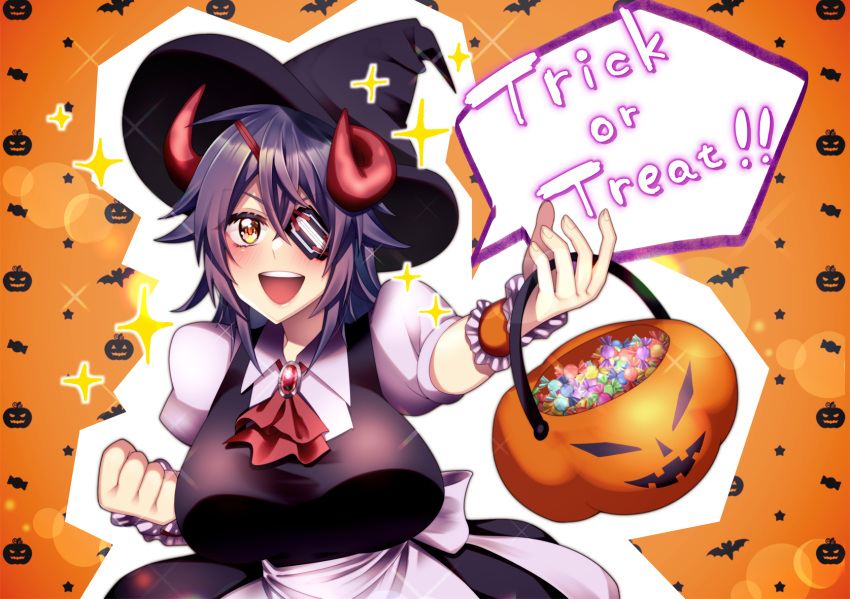 1girl alternate_costume ascot breasts candy eyepatch fake_horns food halloween halloween_costume hat highres horns jack-o'-lantern kantai_collection large_breasts puffy_short_sleeves puffy_sleeves purple_hair red_neckwear short_hair short_sleeves solo tenryuu_(kantai_collection) trick_or_treat upper_body witch_hat yellow_eyes yuudadou