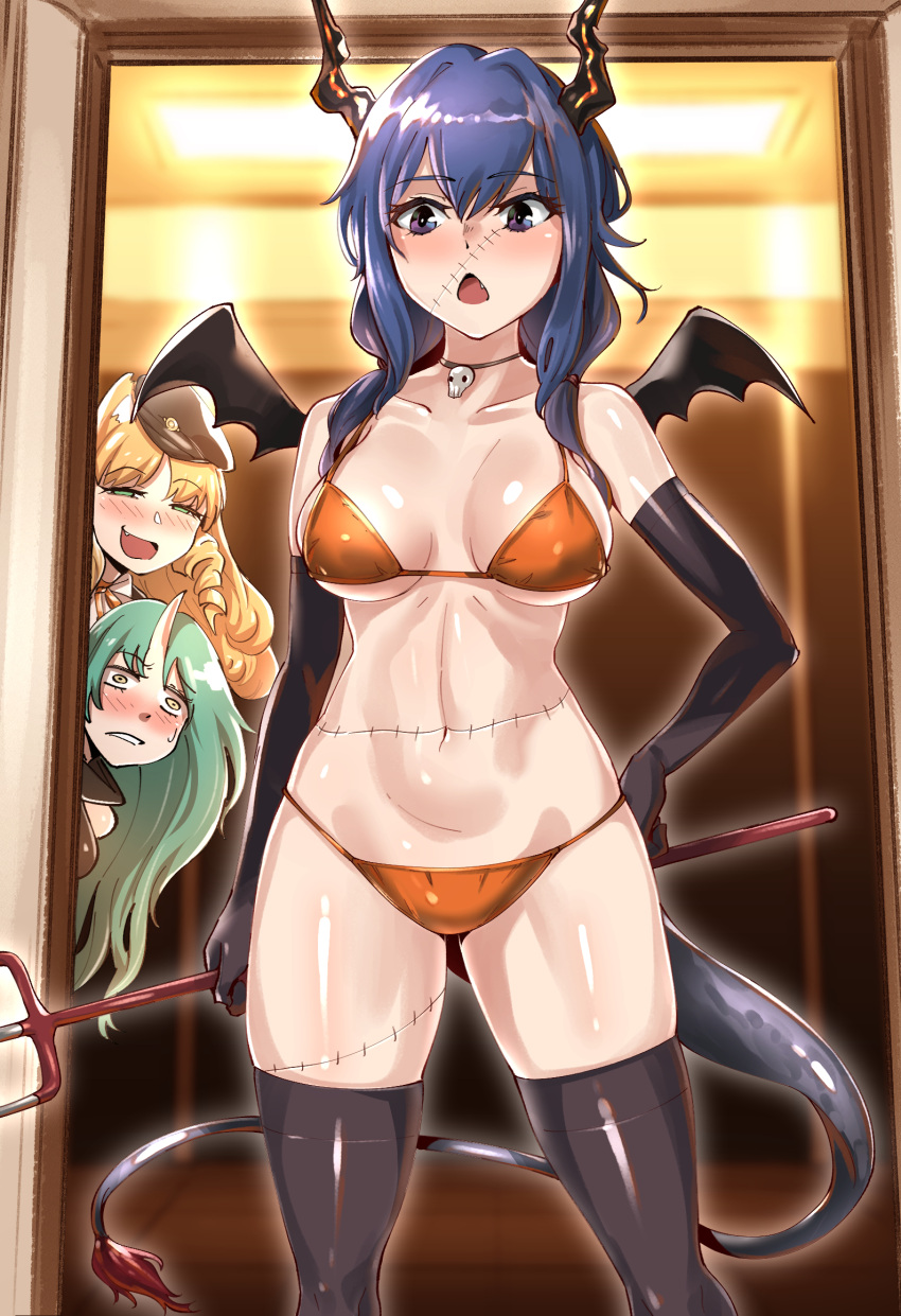 2girls animal_ears arknights bangs bare_shoulders bikini black_gloves black_headwear blonde_hair blue_eyes blue_hair blush breasts ch'en_(arknights) choker collarbone commentary_request cowboy_shot dragon_horns dragon_tail elbow_gloves eyebrows_visible_through_hair fake_wings gloves green_eyes green_hair hair_between_eyes highres holding holding_weapon horns hoshiguma_(arknights) indoors large_breasts long_hair moto_toshi multiple_girls navel orange_bikini polearm single_horn standing stitches stomach swimsuit swire_(arknights) tail thigh-highs thighs tiger_ears trident weapon wings